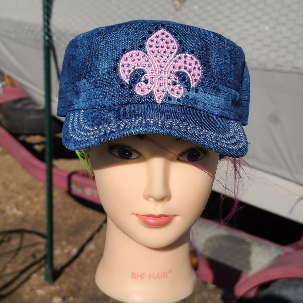 Ladies Bluje Denim Fleu De Lis BLING Hat NEW